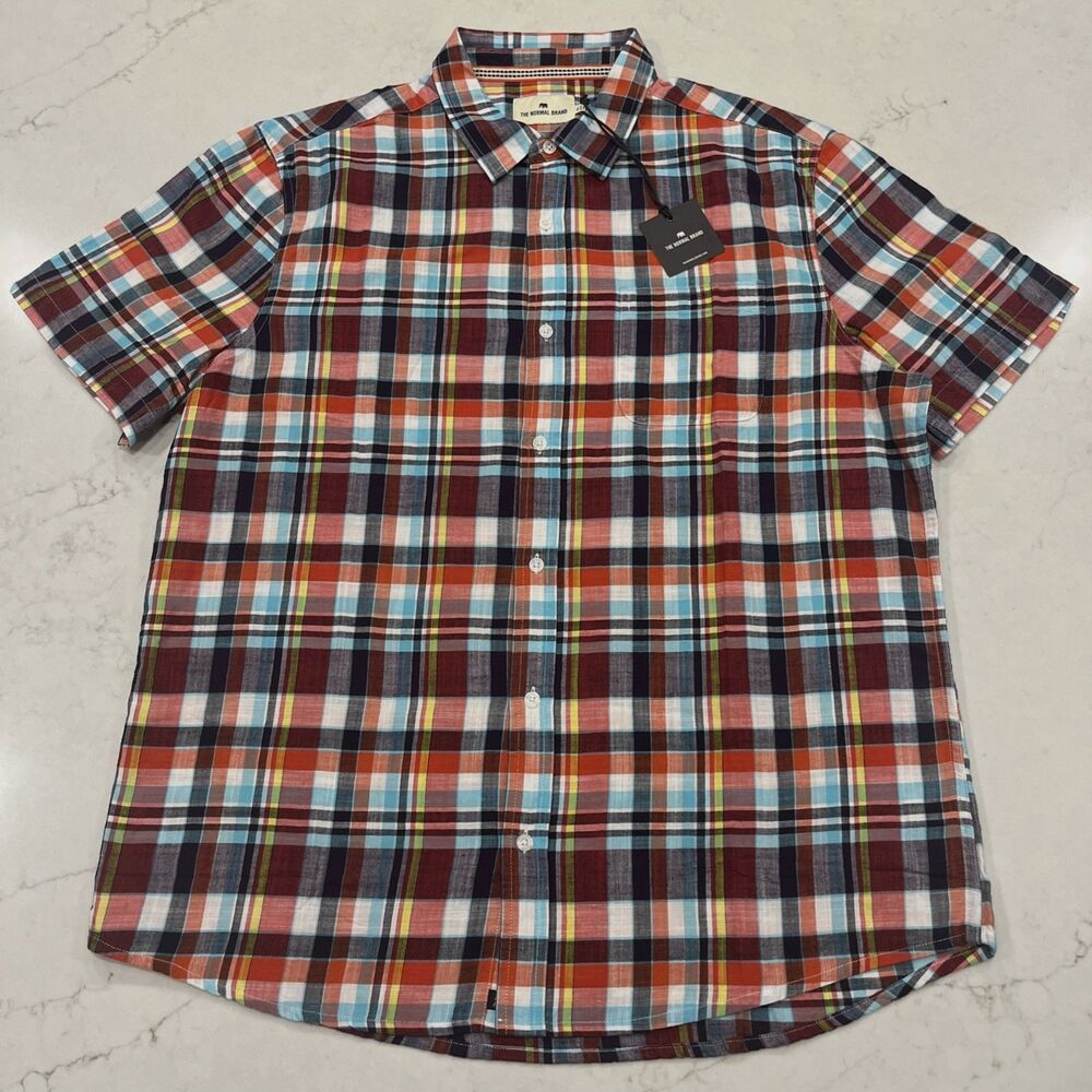 The Normal Brand NEW Large Jasper Button Up Short Sleeve Shirt Vintage Red Plaid